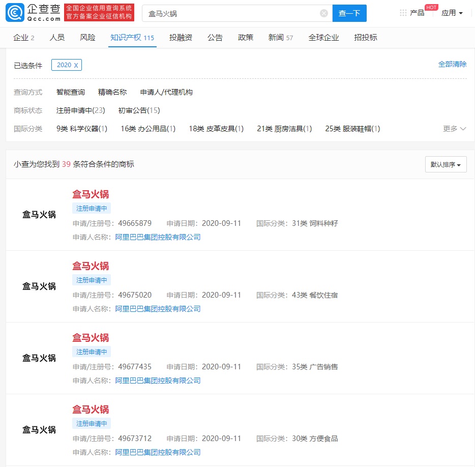 阿里巴巴注冊 “盒馬火鍋”商標(biāo)