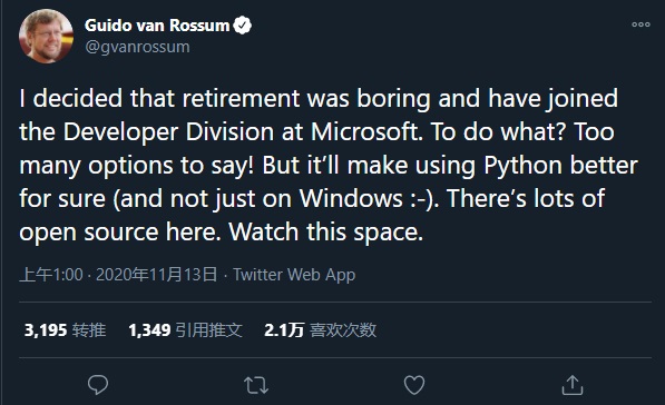 Python 之父 Guido van Rossum 退休失敗,正式加入微軟