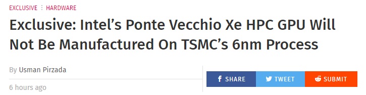 英特爾 Ponte Vecchio Xe Gpu 將采用臺積電 5/7nm 工藝打造