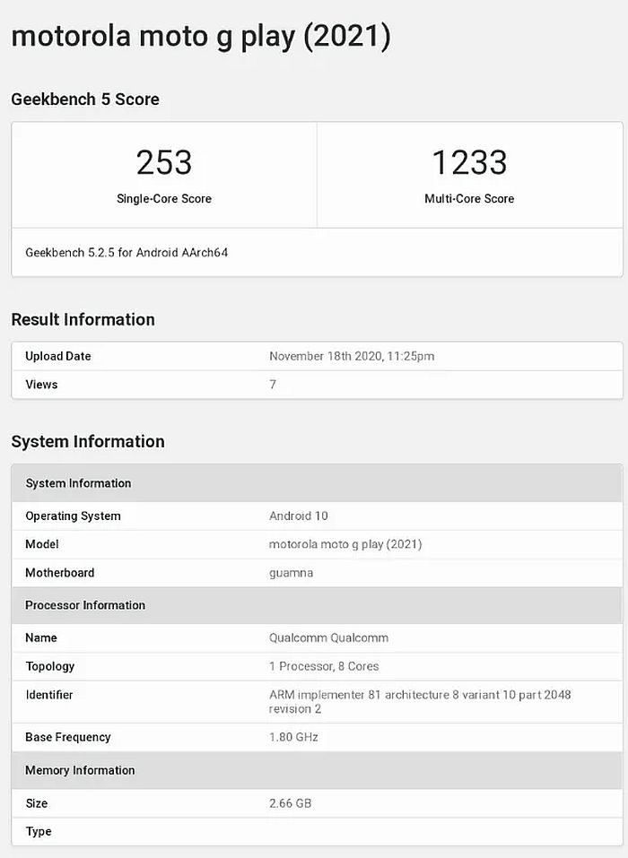 摩托羅拉Moto G Play(2021)跑分曝光:3GB內(nèi)存+Android 10