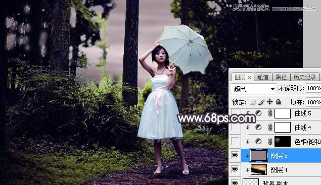 ps調(diào)出林中美女照片暗色逆光效果圖