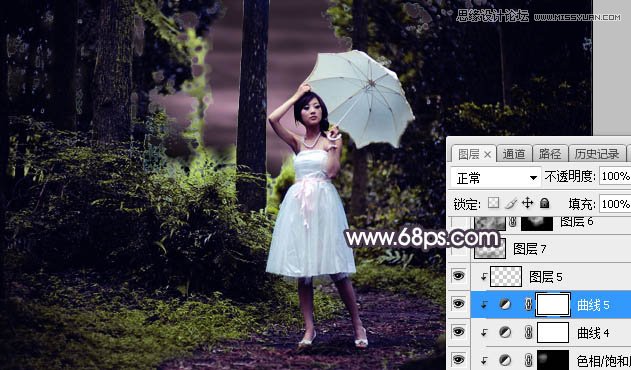 ps調(diào)出林中美女照片暗色逆光效果圖