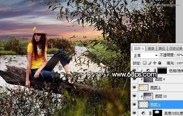 用PS給外景美女人像添加夕陽美景效果