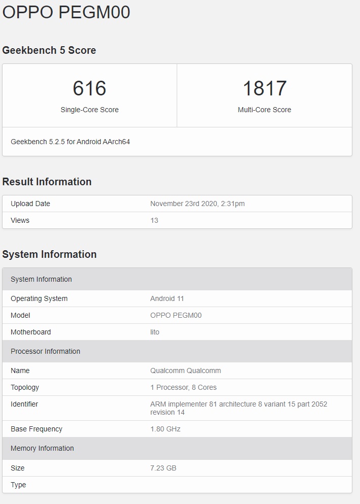 OPPO Reno 5 系列現(xiàn)身 Geekbench:驍龍 765G 與天璣 1000+