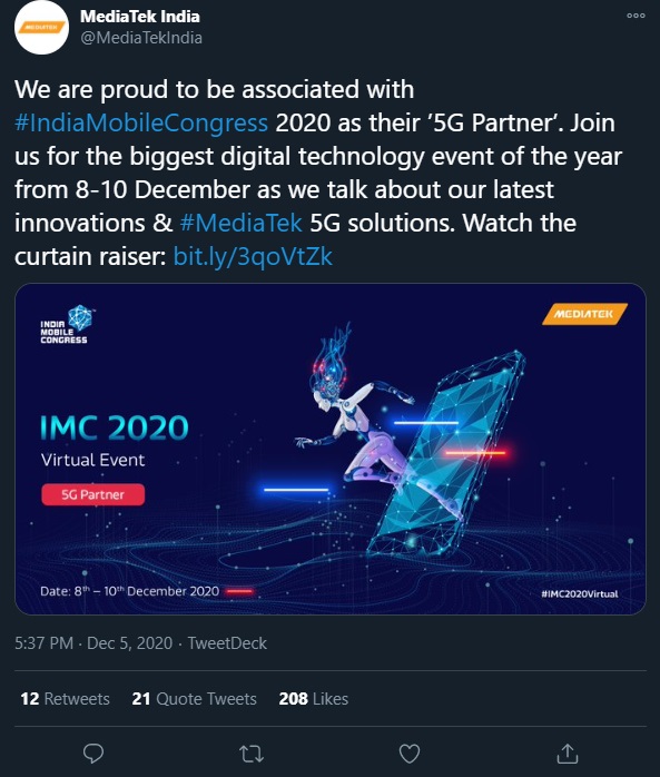 聯(lián)發(fā)科將于 12 月 8 日至 10 日在印度舉行 IMC2020