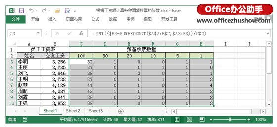 excel工資稅額計(jì)算公式 在Excel中根據(jù)工資額使用公式計(jì)算各種面額鈔票的張數(shù)的方法