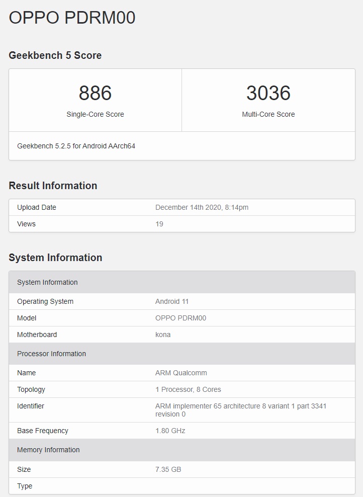 OPPO Reno5 Pro+ 現(xiàn)身 GeekBench，驍龍 865 加持