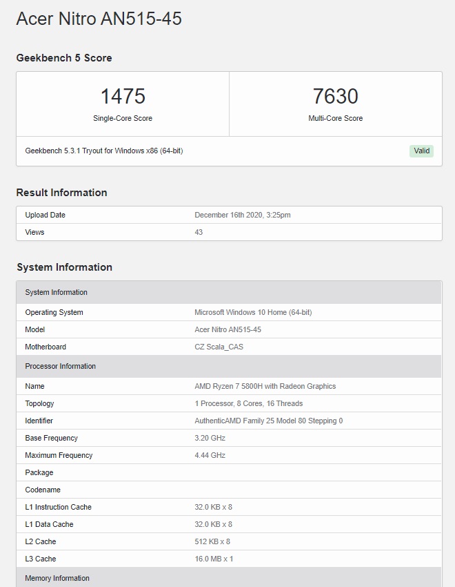 AMD R7 5800H 最新跑分:宏碁新款游戲本搭載