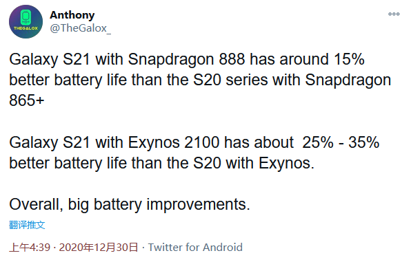 搭載Exynos 2100的Galaxy S21的電池續(xù)航能力將比S20提高35%