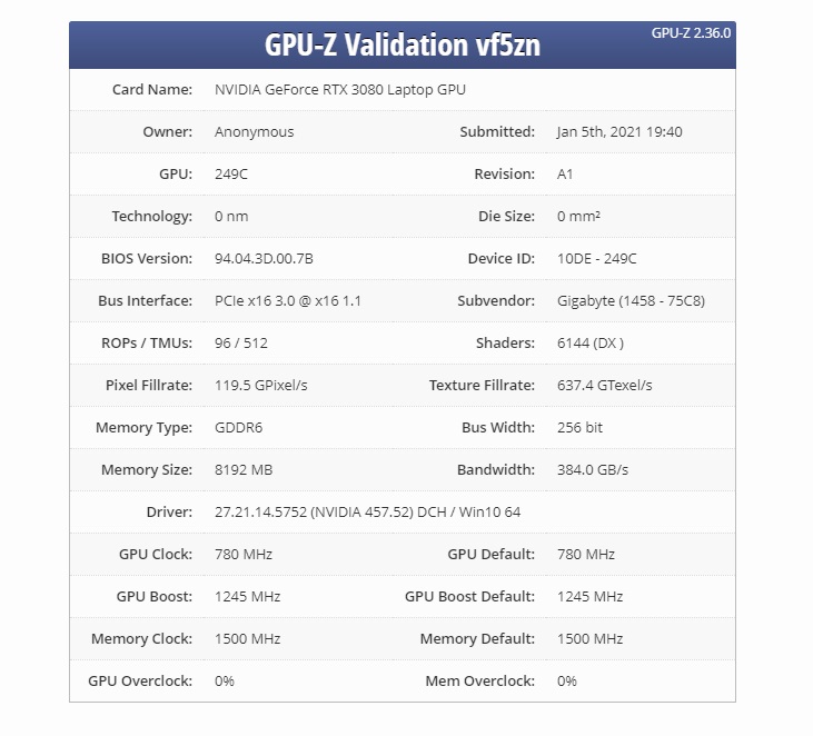 英偉達(dá) RTX 3080 Max-Q 曝光:頻率降至 1245 MHz,8GB 顯存