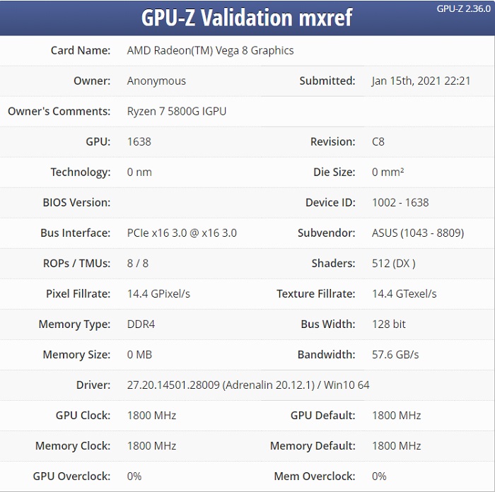 AMD 銳龍 7-5800G APU 曝光：八核 Zen 3 架構(gòu)，增強(qiáng)型 Vega 核顯