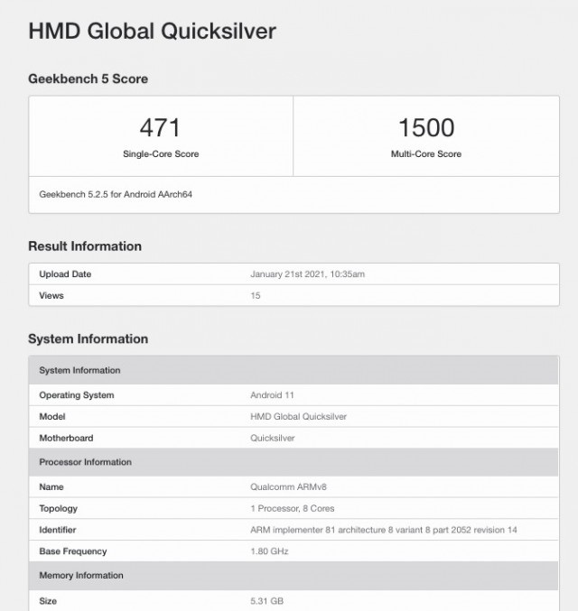諾基亞新機(jī)現(xiàn)身 Geekbench，代號(hào) “Quiksilver”