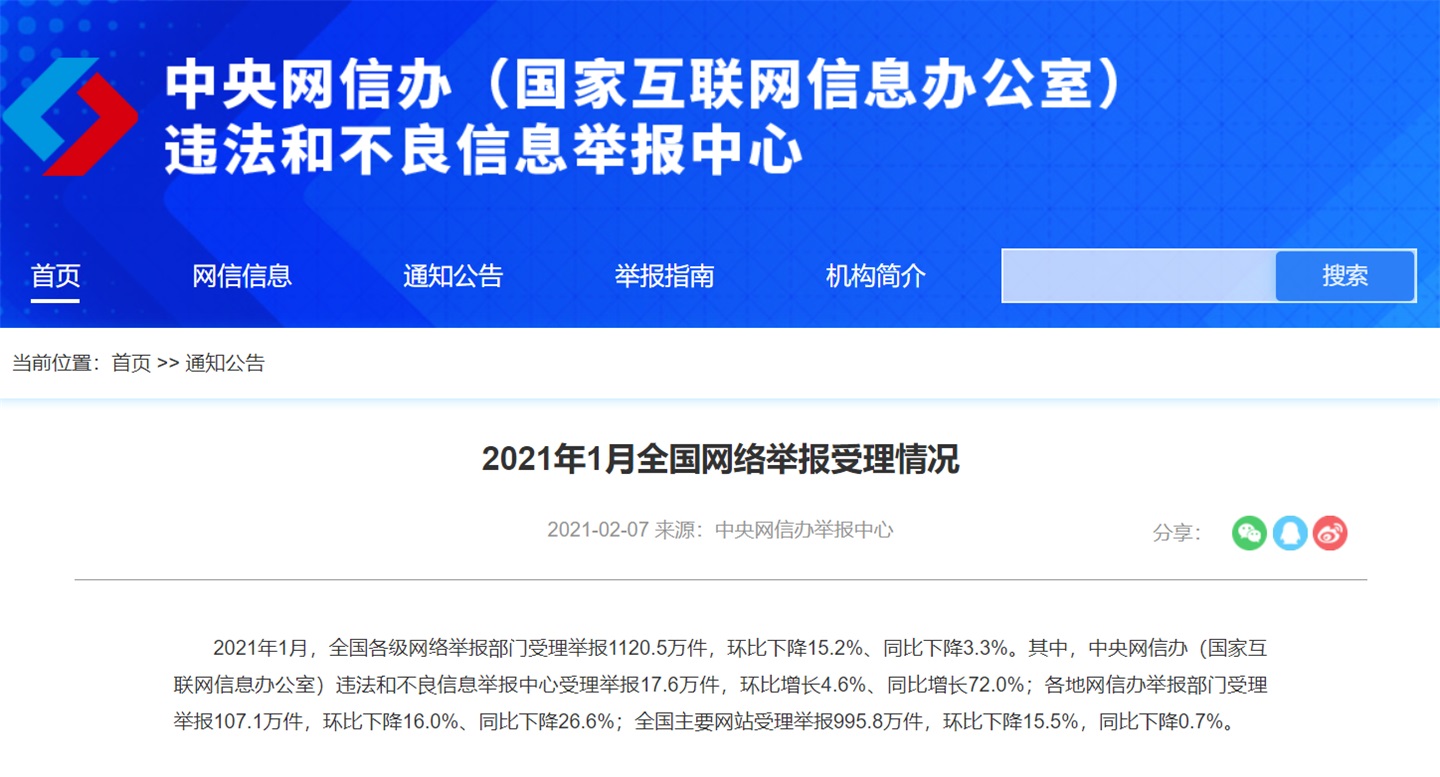 2021 年 1 月全國(guó)受理網(wǎng)絡(luò)違法和不良信息舉報(bào) 1120.5 萬(wàn)件