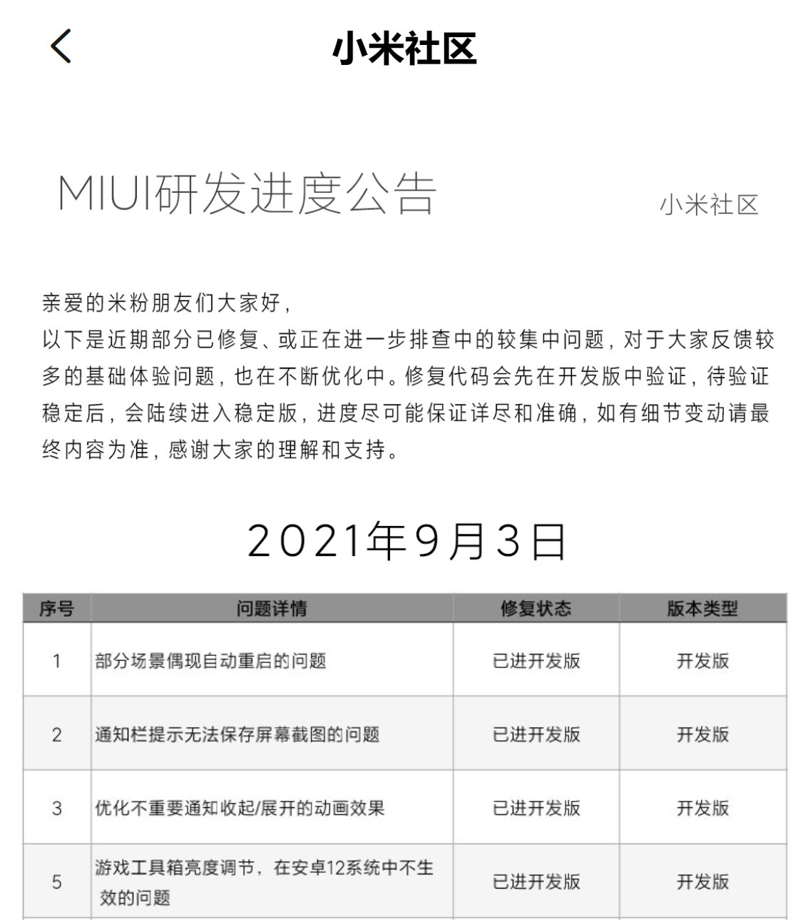 小米推出 MIUI 研發(fā)進(jìn)度公告頁(yè)面，公布已修復(fù)和在查問(wèn)題