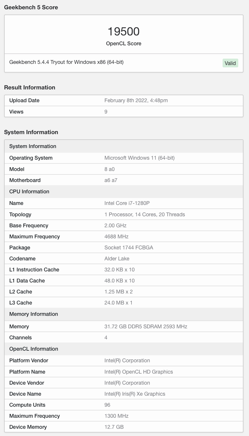 英特爾 i7-1280P 核顯跑分出爐，LPDDR5-5200 內(nèi)存加持