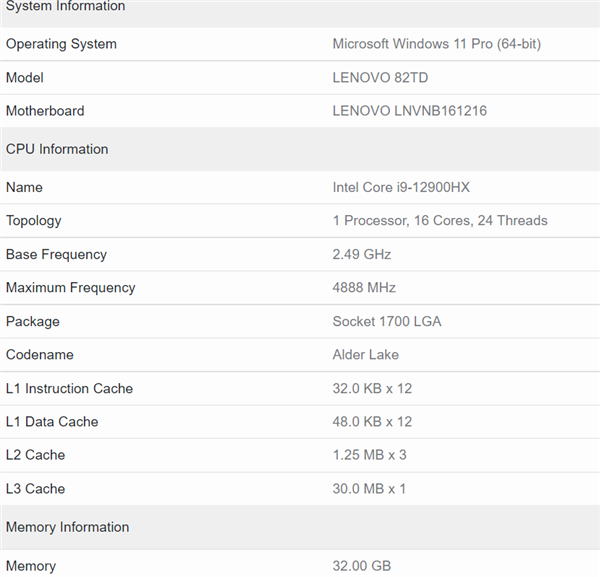 筆記本首次16核心！Intel i9-12900HX處理器首次現(xiàn)身