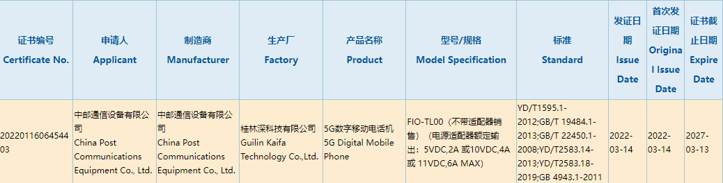 中郵通信 5G 新機(jī)通過國家 3C 質(zhì)量認(rèn)證：不帶充電器銷售，支持 66W 快充