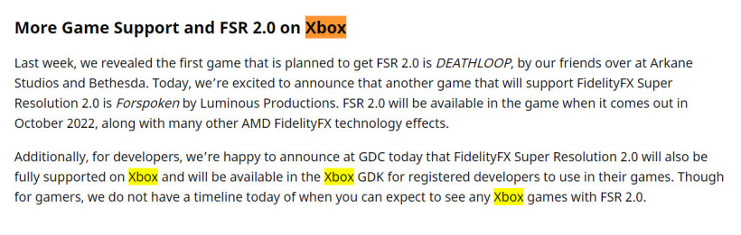 AMD 宣布 FSR 2.0 將登陸微軟 Xbox 系列主機