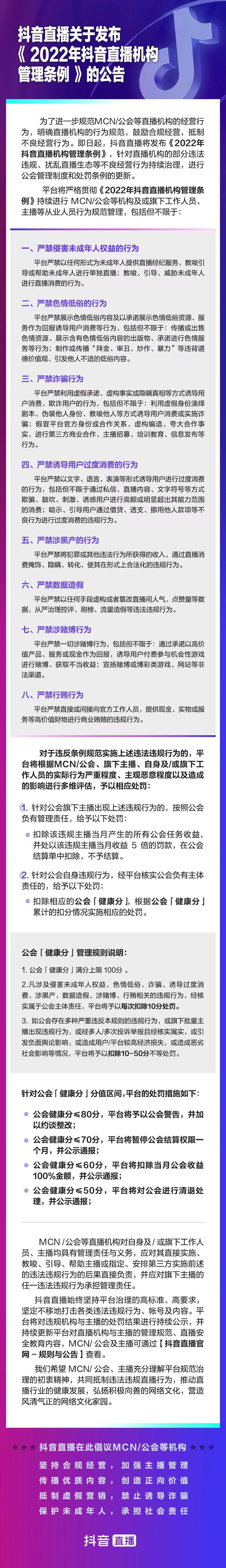 抖音直播推出直播機構(gòu)“健康分”制度，滿分 100 低于 50 直接清退